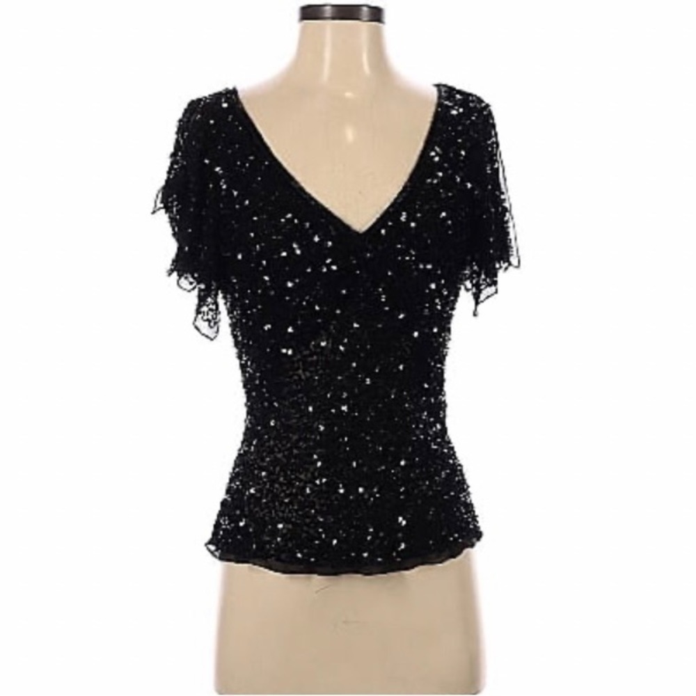 Vintage Papell Boutique Evening Black Beaded Sequin Top Silk Blouse